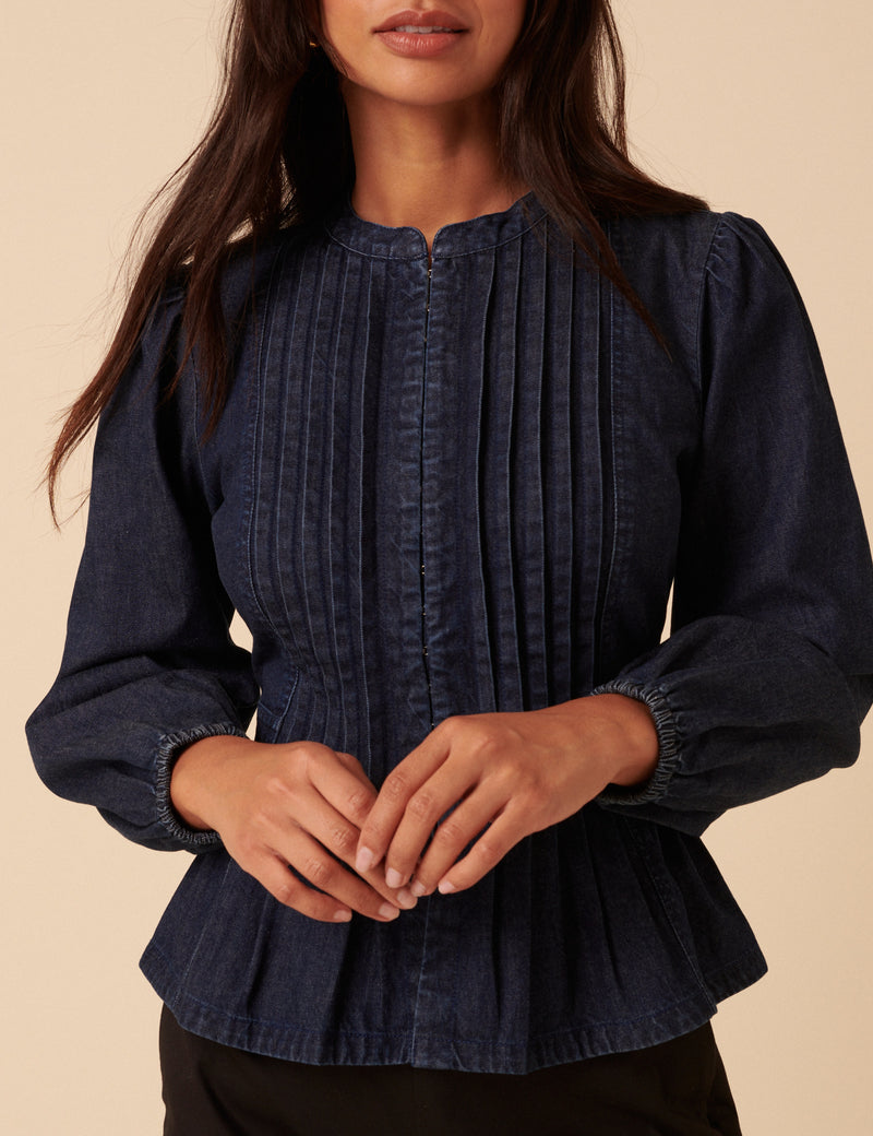 Dark Denim Pintuck Denim Blouse