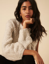 Light Grey Slash Neck Bobble Stitch Oversized Jumper
