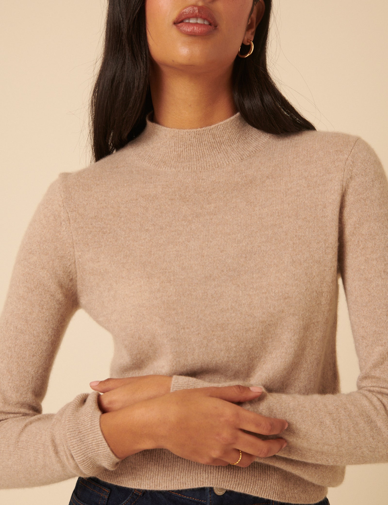 Beige Cashmere Funnel Neck Jumper
