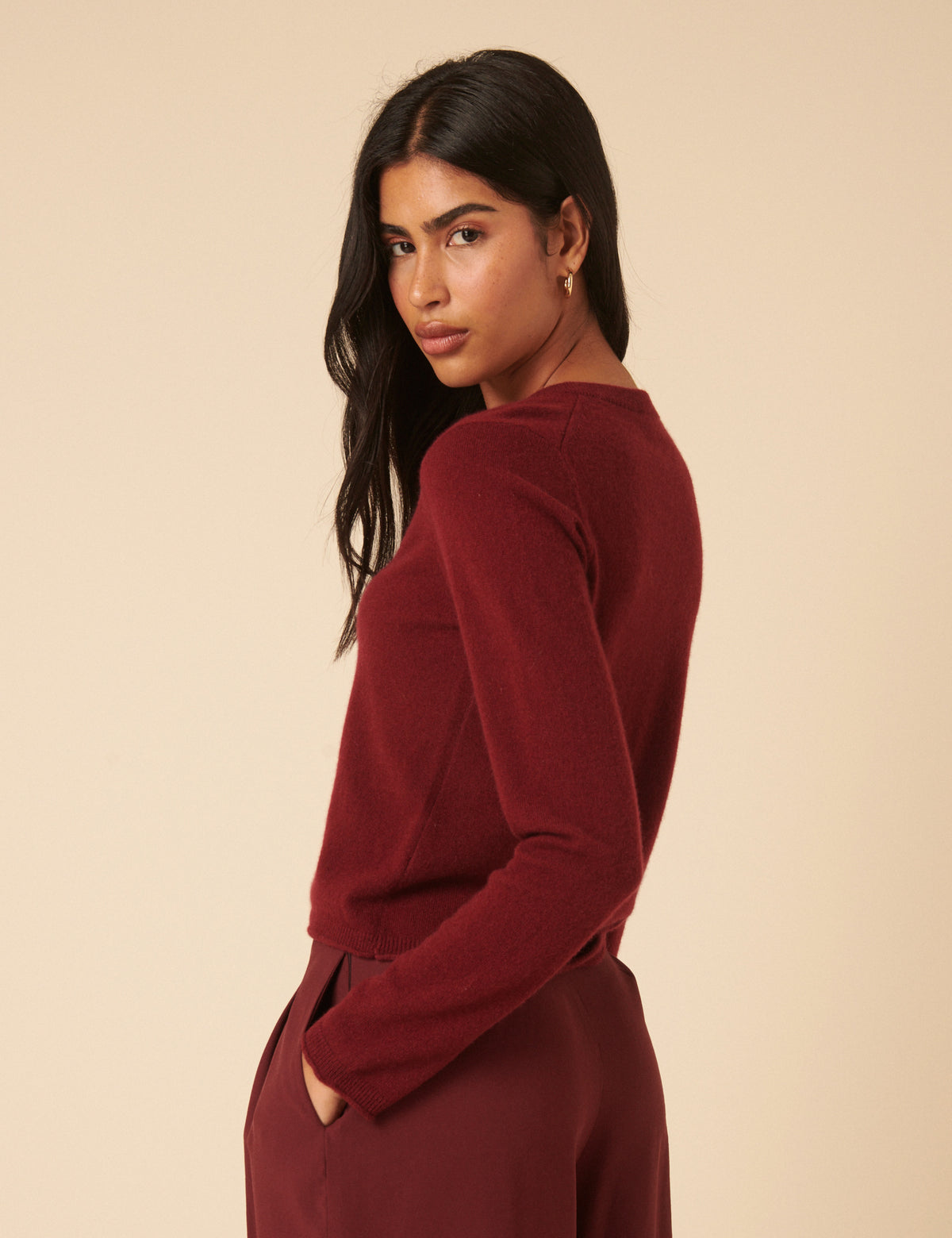 Burgundy Cashmere Crew Neck Cardigan
