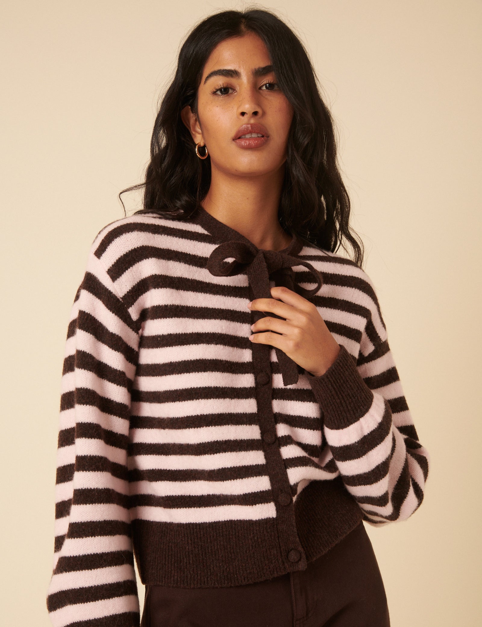 Brown And Pink Striped Tie Neck Cardigan