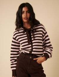 Brown And Pink Striped Tie Neck Cardigan