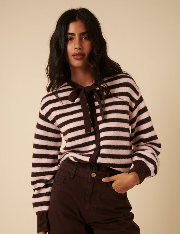 Brown And Pink Striped Tie Neck Cardigan
