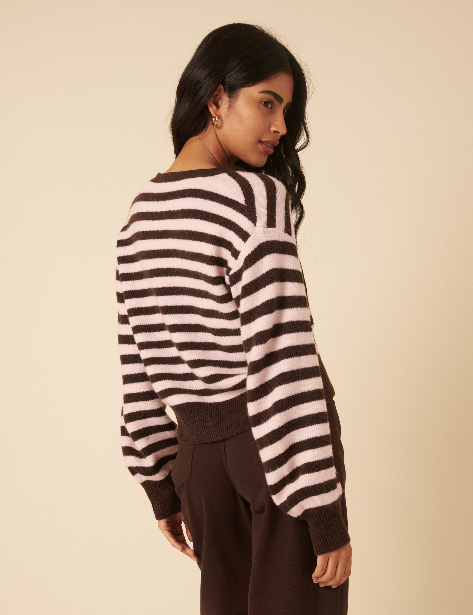 Brown And Pink Striped Tie Neck Cardigan