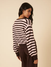 Brown And Pink Striped Tie Neck Cardigan