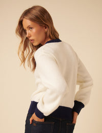 White Contrast Trim Tie Neck Cardigan