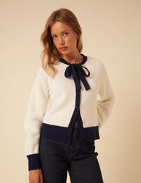 White Contrast Trim Tie Neck Cardigan
