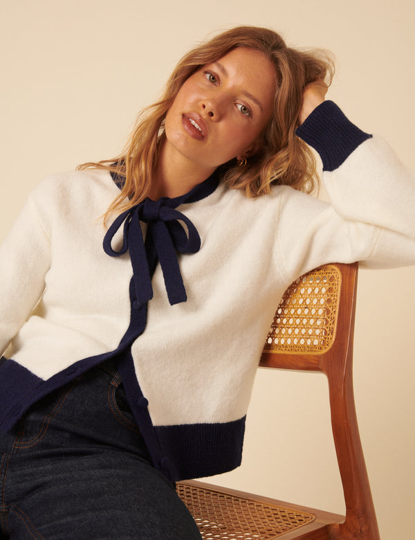 White Contrast Trim Tie Neck Cardigan