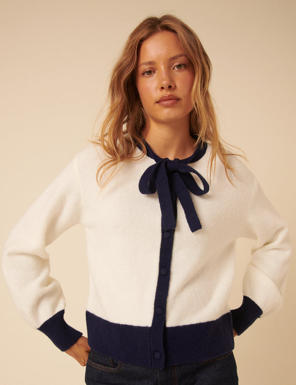 White Contrast Trim Tie Neck Cardigan
