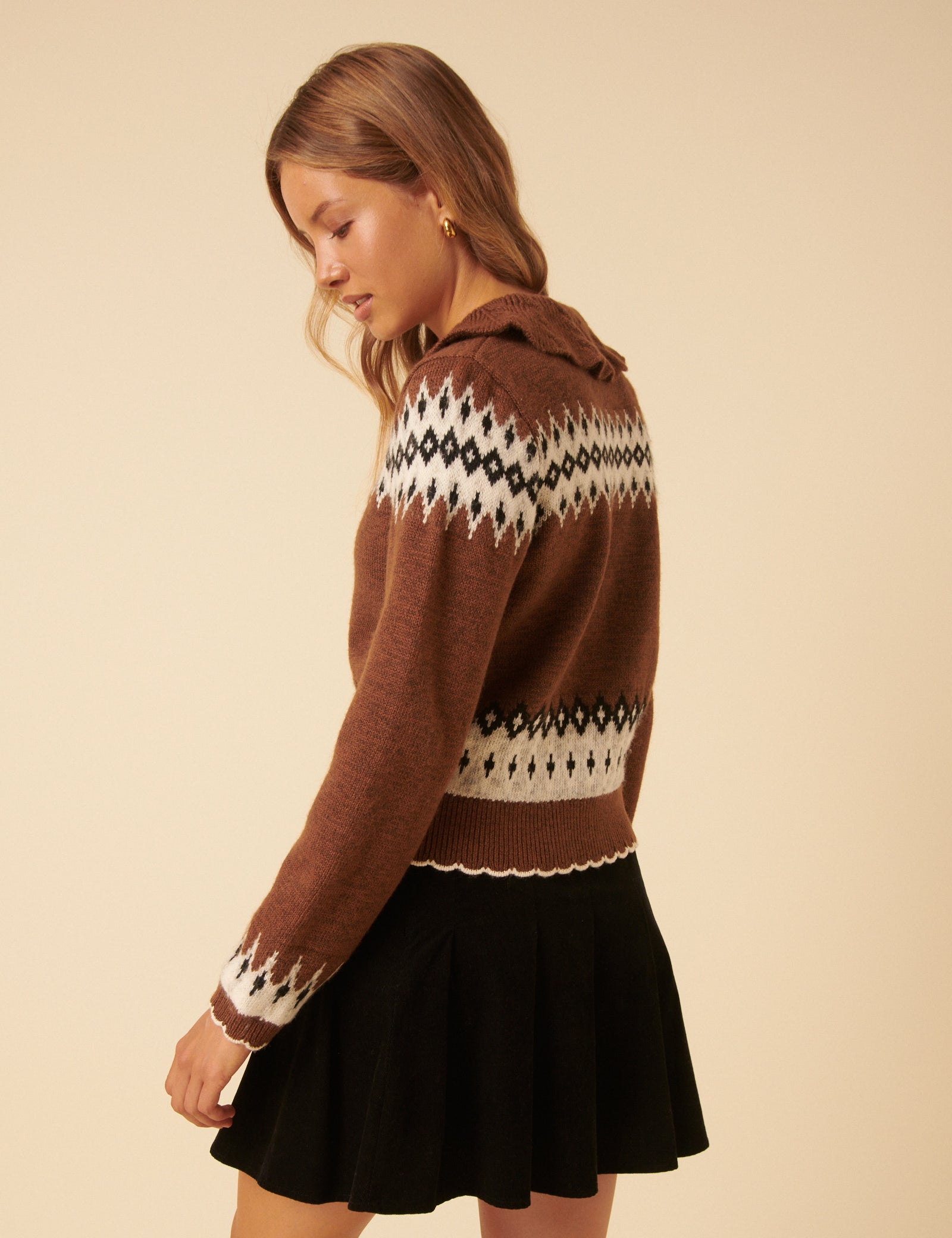 Brown And White Fair Isle Collared Cardigan