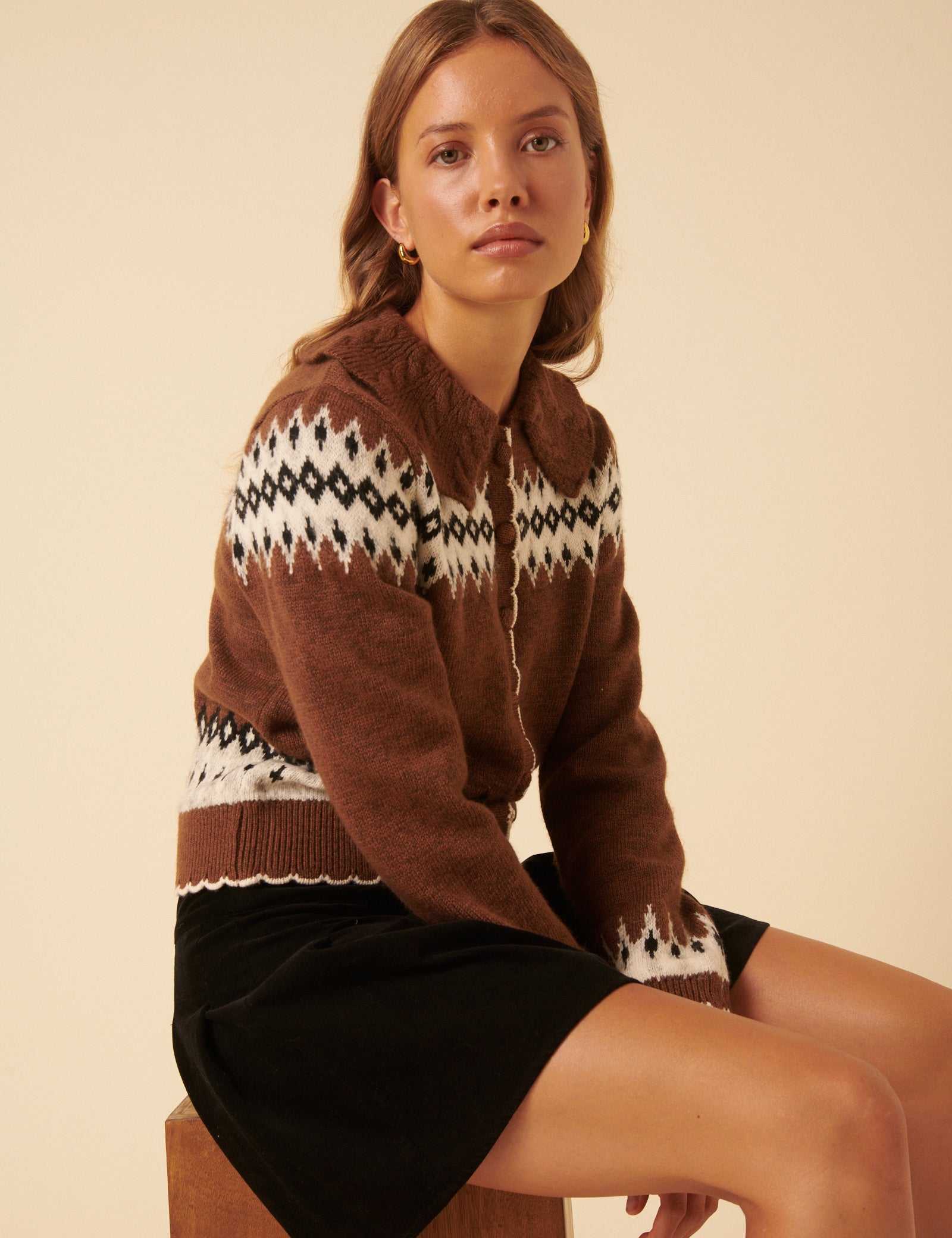 Brown And White Fair Isle Collared Cardigan
