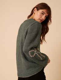 Grey Bow Embroidered Knitted Jumper