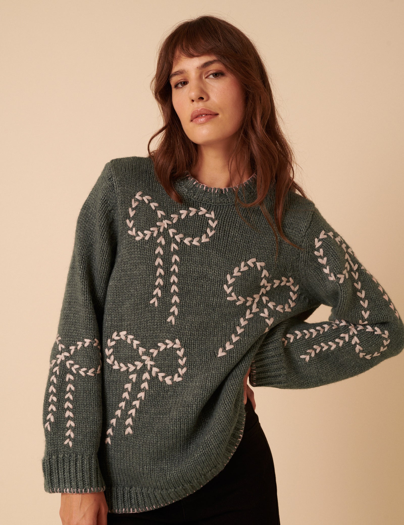 Grey Bow Embroidered Knitted Jumper