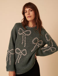 Grey Bow Embroidered Knitted Jumper