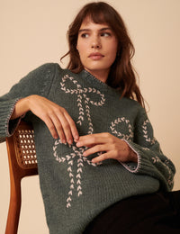 Grey Bow Embroidered Knitted Jumper
