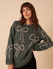 Grey Bow Embroidered Knitted Jumper