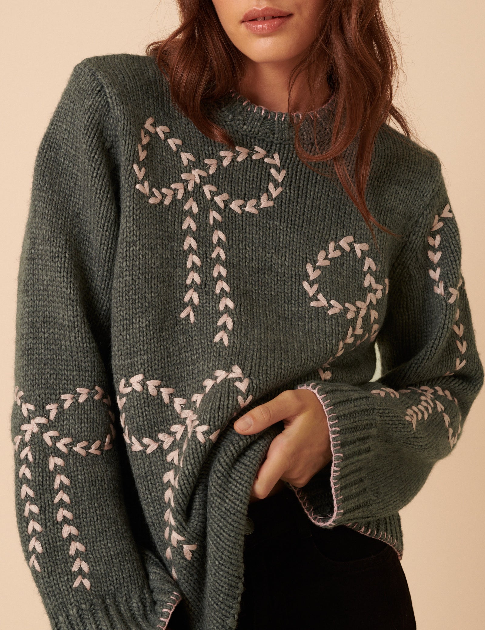 Grey Bow Embroidered Knitted Jumper