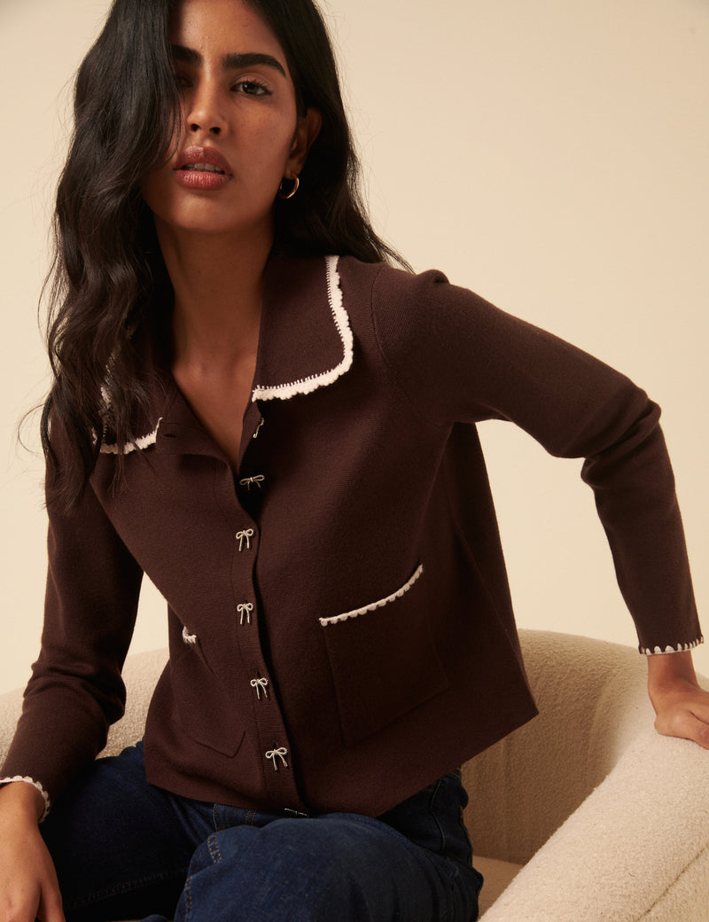 Brown Crochet Collar Bow Button Cardigan