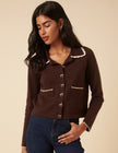 Brown Crochet Collar Bow Button Cardigan