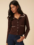 Brown Crochet Collar Bow Button Cardigan
