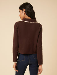 Brown Crochet Collar Bow Button Cardigan