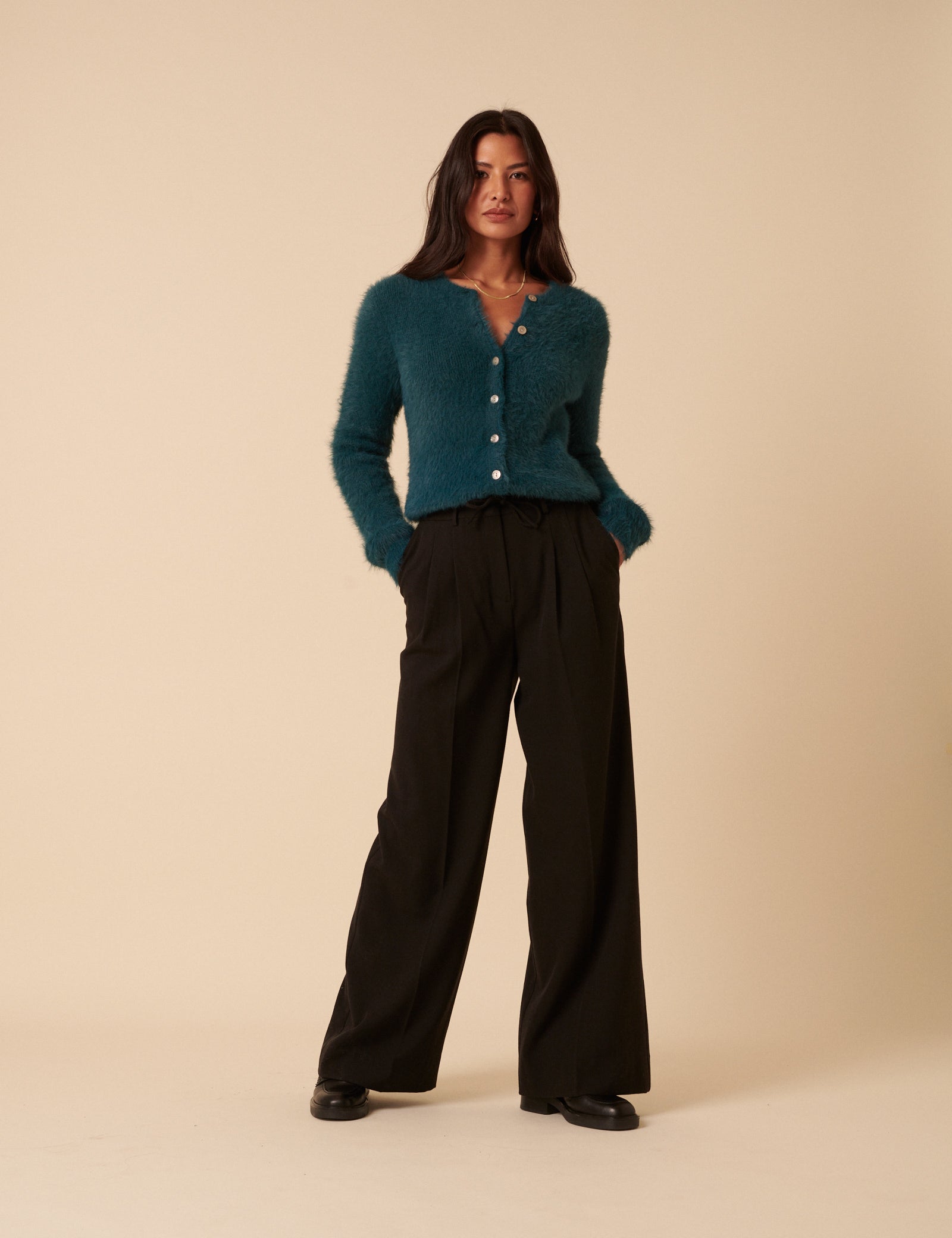 Teal Fluffy Long Sleeve Knitted Cardigan