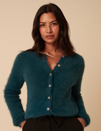 Teal Fluffy Long Sleeve Knitted Cardigan