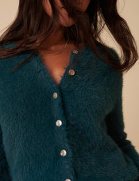 Teal Fluffy Long Sleeve Knitted Cardigan