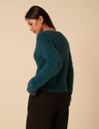 Teal Fluffy Long Sleeve Knitted Cardigan