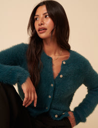 Teal Fluffy Long Sleeve Knitted Cardigan