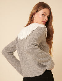 Grey Crochet Collar Knitted Cardigan