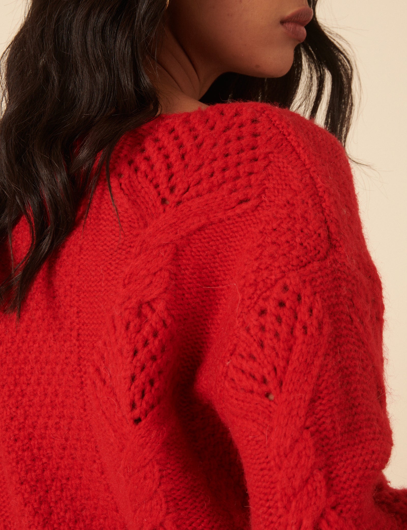 Red Slash Neck Bobble Stitch Oversized Jumper