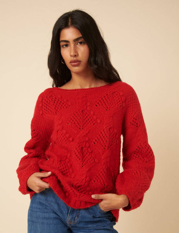 Red Slash Neck Bobble Stitch Oversized Jumper