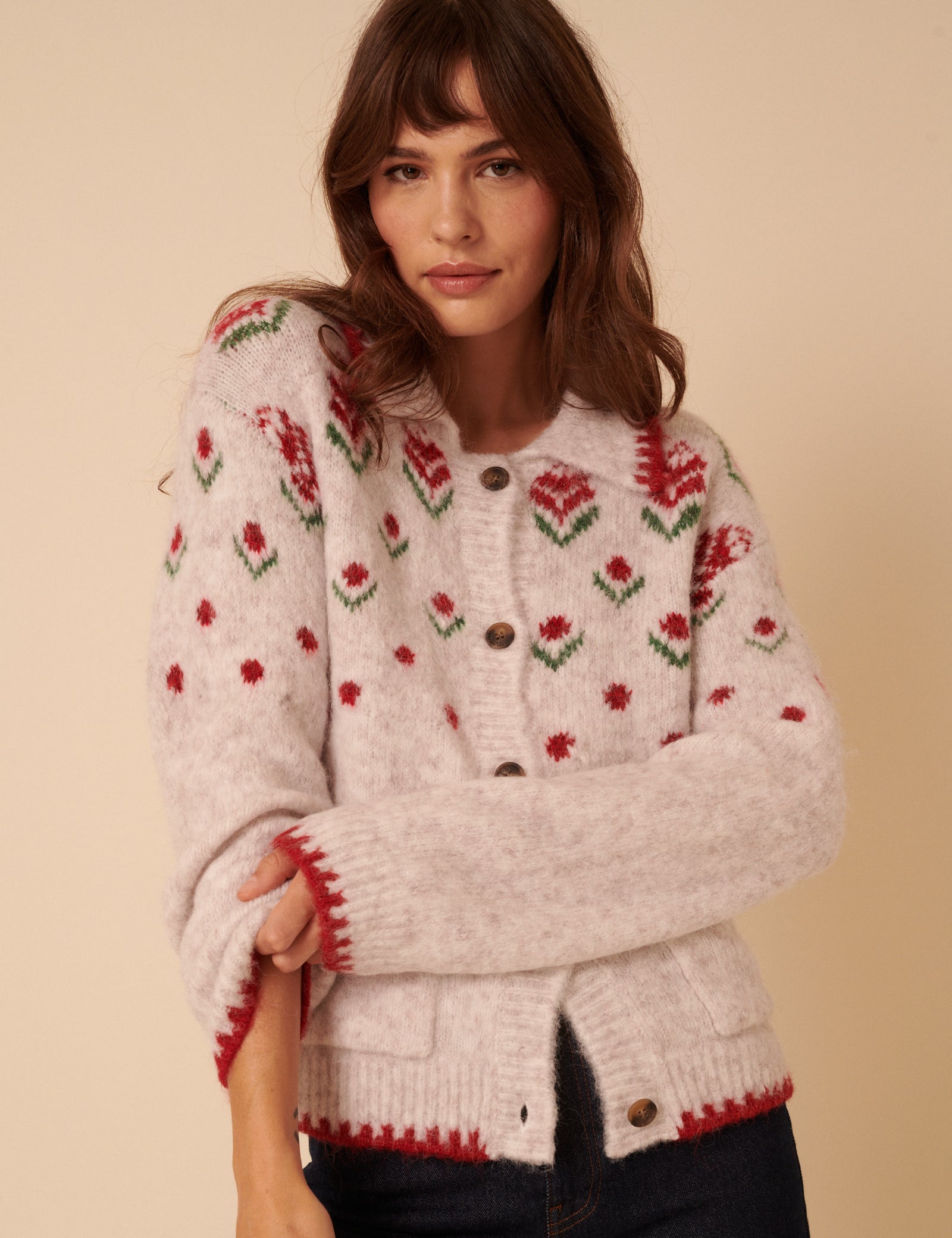 Light Grey Floral Collared Cardigan