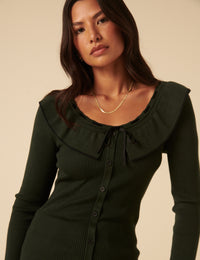 Khaki Ruffle Collar Knitted Top