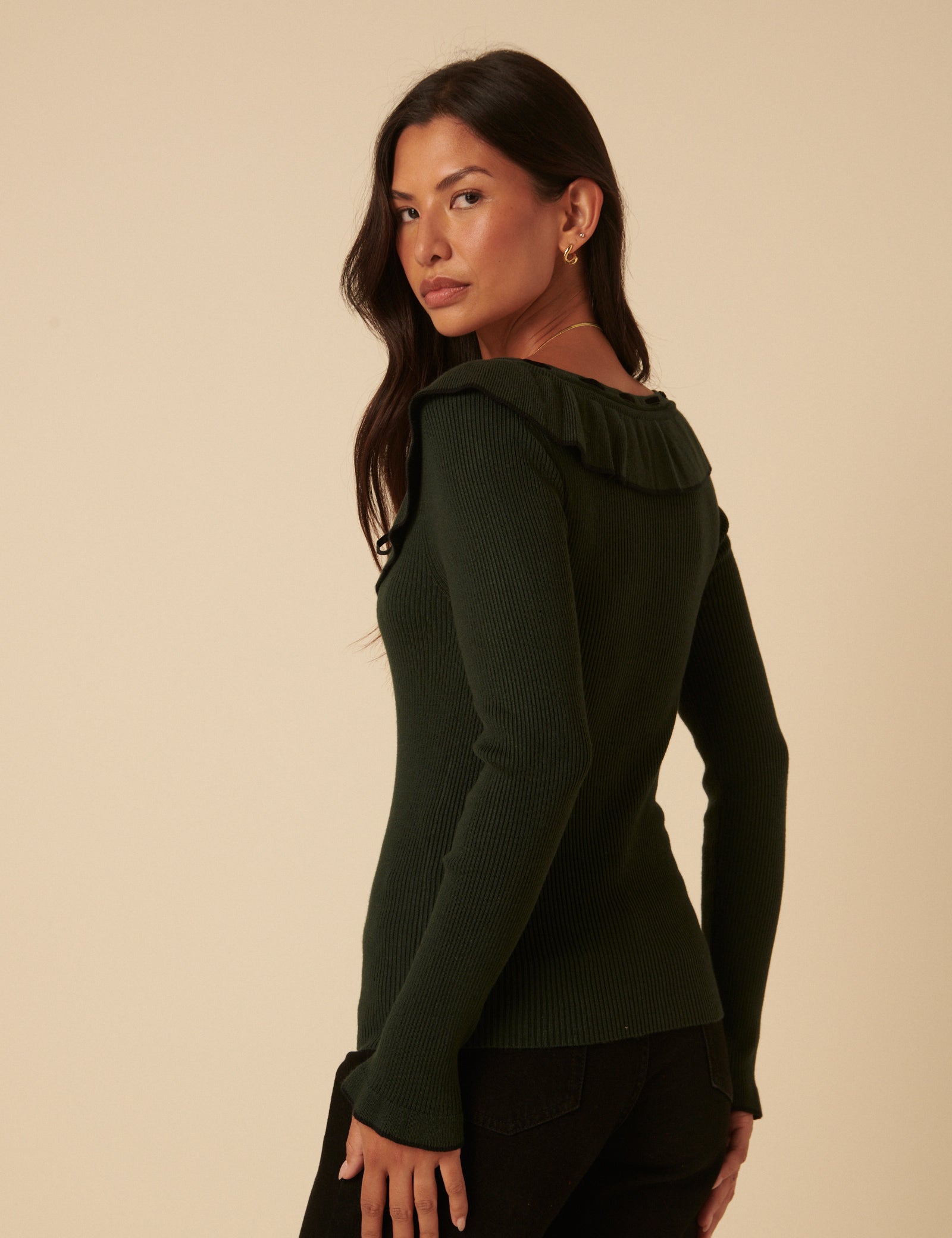 Khaki Ruffle Collar Knitted Top