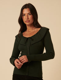 Khaki Ruffle Collar Knitted Top