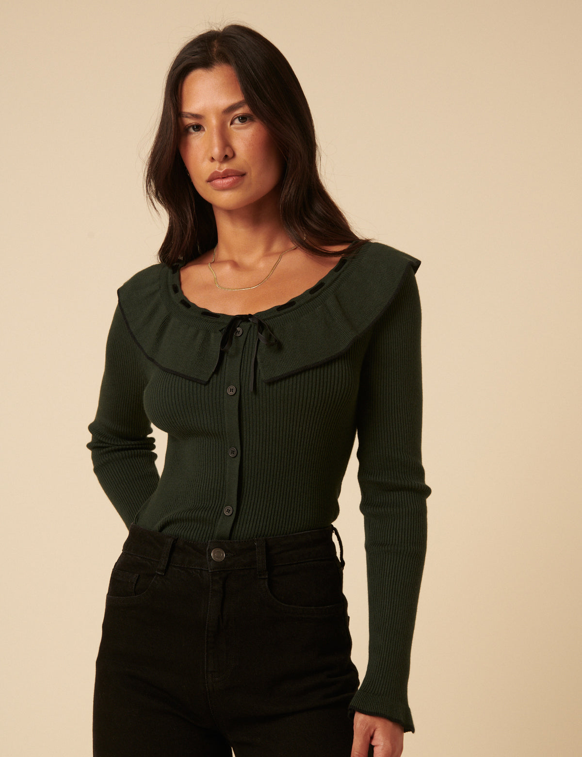 Khaki Ruffle Collar Knitted Top
