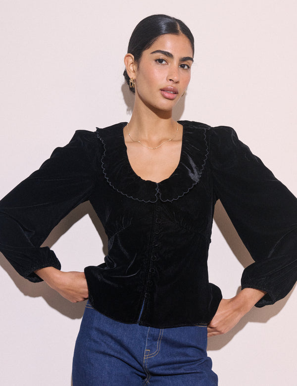 Black Velvet Ruffle Collared Blouse