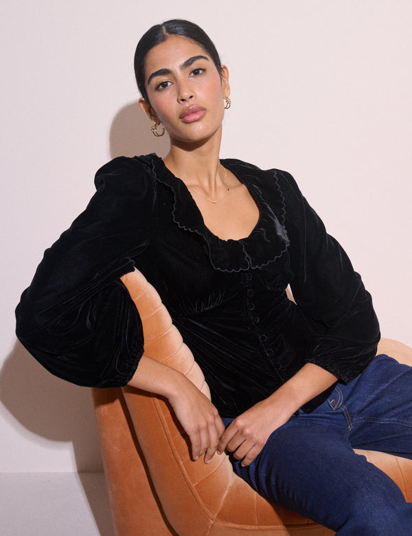 Black Velvet Ruffle Collared Blouse