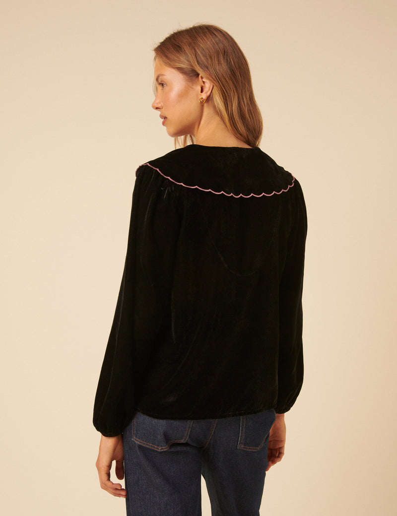 Black Floral Collared Velvet Birdie Blouse