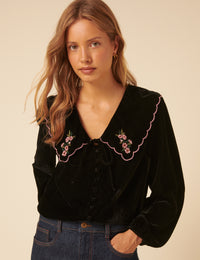 Black Floral Collared Velvet Birdie Blouse