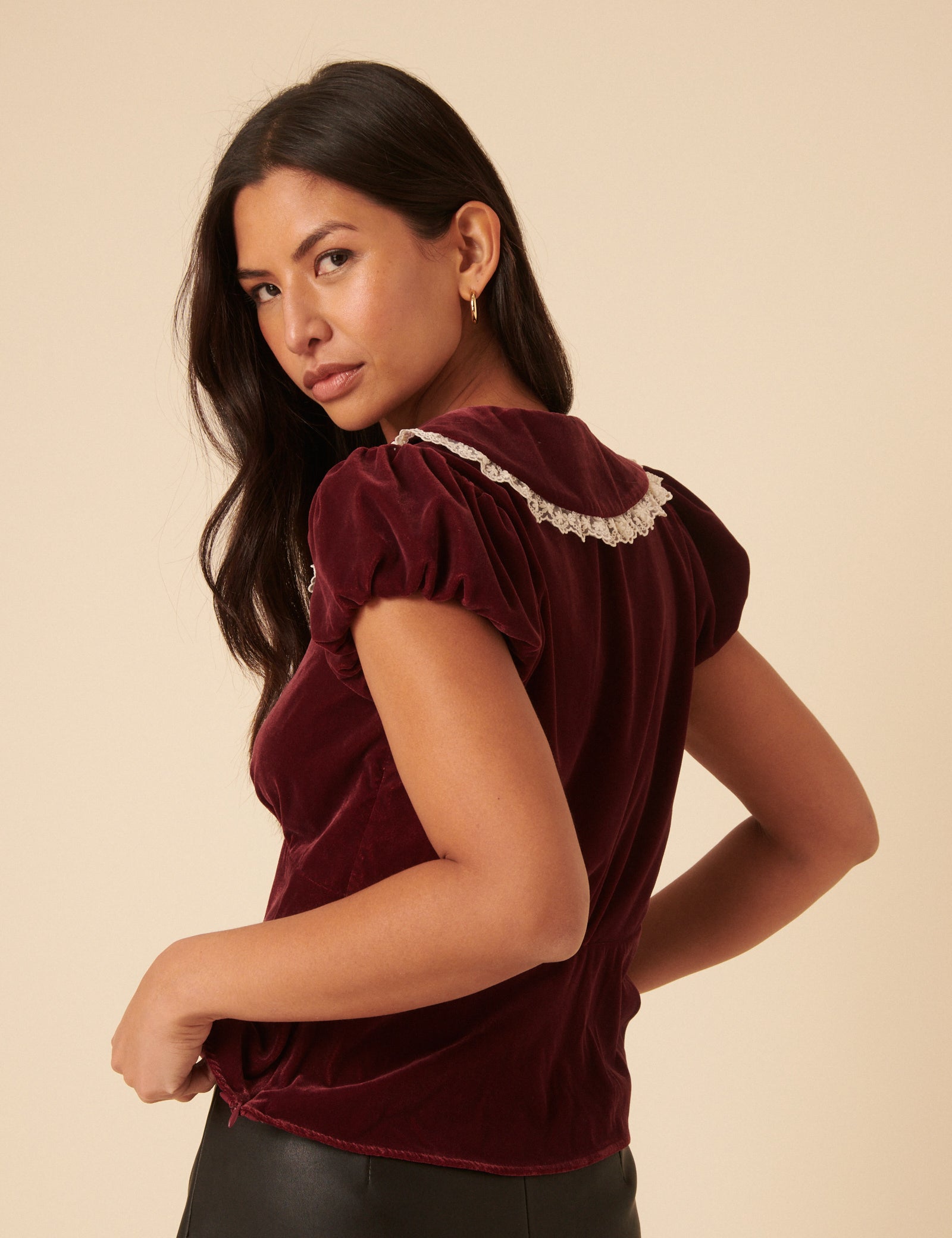 Burgundy Velvet Lace Trim Collar Top