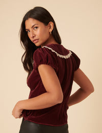 Burgundy Velvet Lace Trim Collar Top