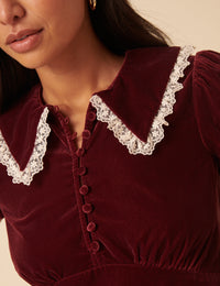 Burgundy Velvet Lace Trim Collar Top