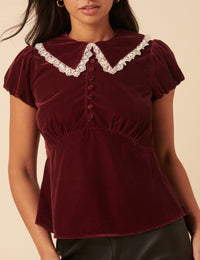 Burgundy Velvet Lace Trim Collar Top
