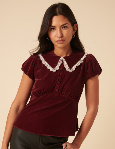 Burgundy Velvet Lace Trim Collar Top