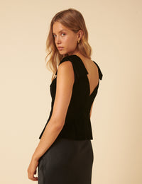 Black Velvet Peplum Bow Top