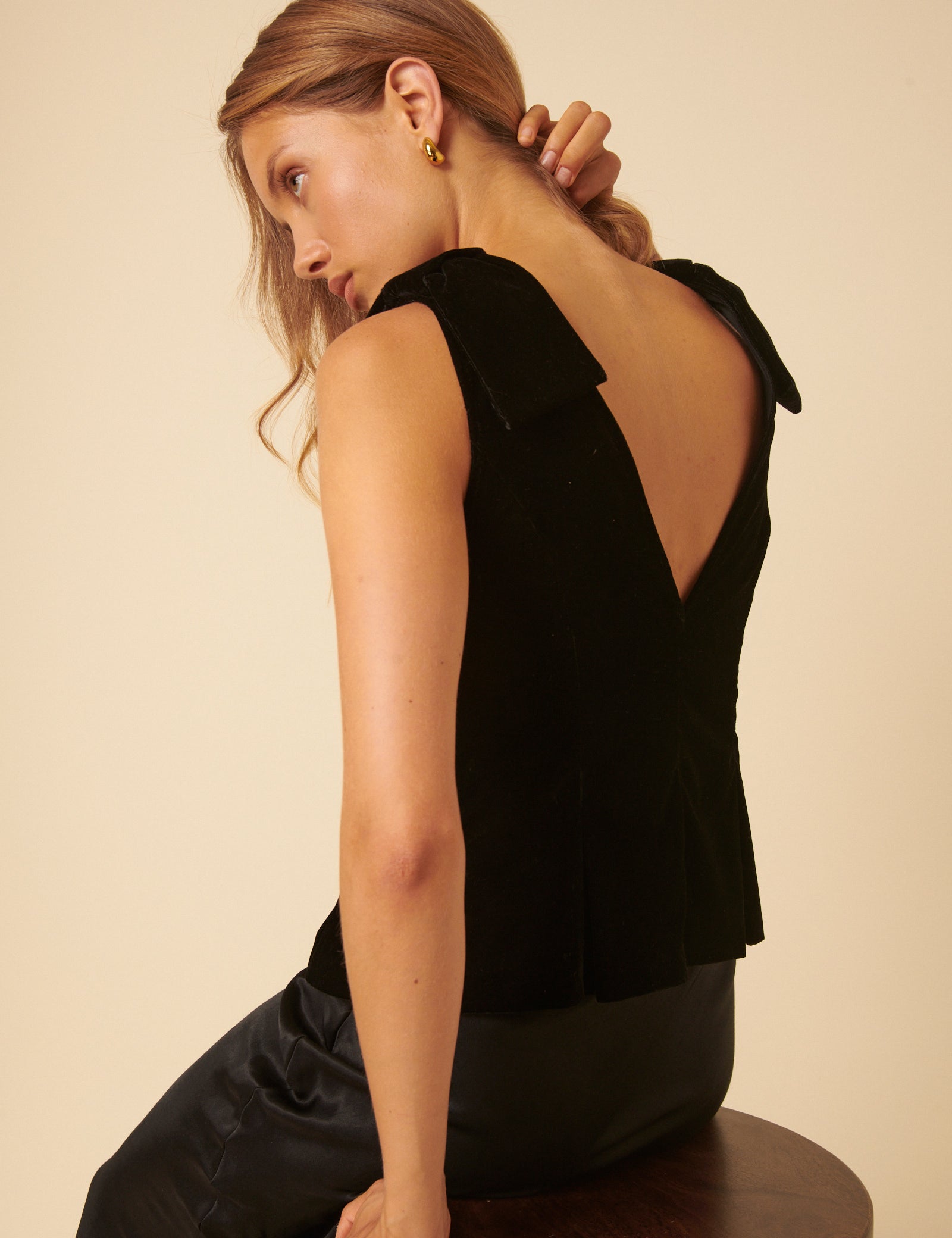 Black Velvet Peplum Bow Top