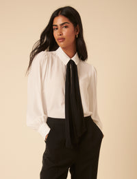 White Bow Tie Neck Blouse